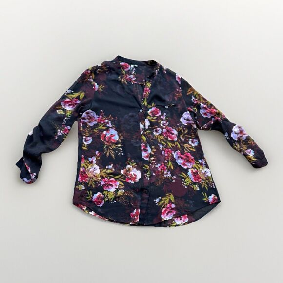 KUT from the Kloth Tops - Kut From The Kloth Sheer Black Pink Floral Button Front Blouse Top Women Size L